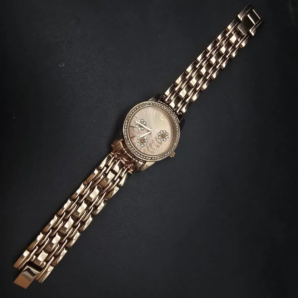 Women's Accutime Rose Gold Tone Quartz Watch‎ Rhinestone Flowers WORKS